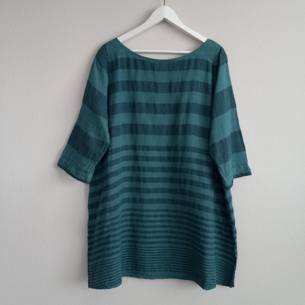 La Bottega Di Brunella 100% Linen Striped Relaxed A-line Tunic Green Teal L
